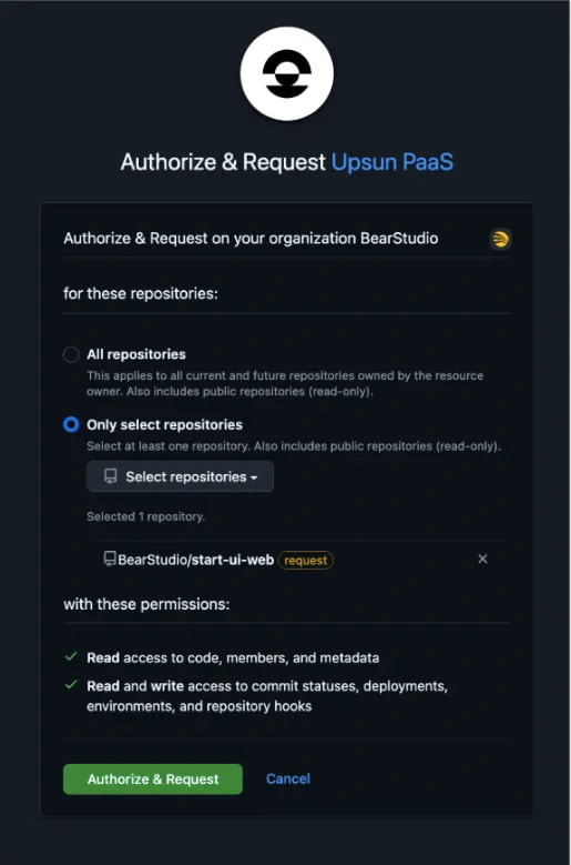 Modale de permissions suite à l'installation de Upsun PaaS.