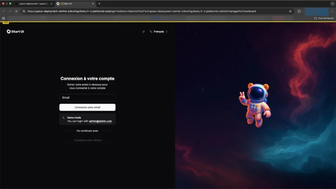 Page de connexion du Start UI déployé