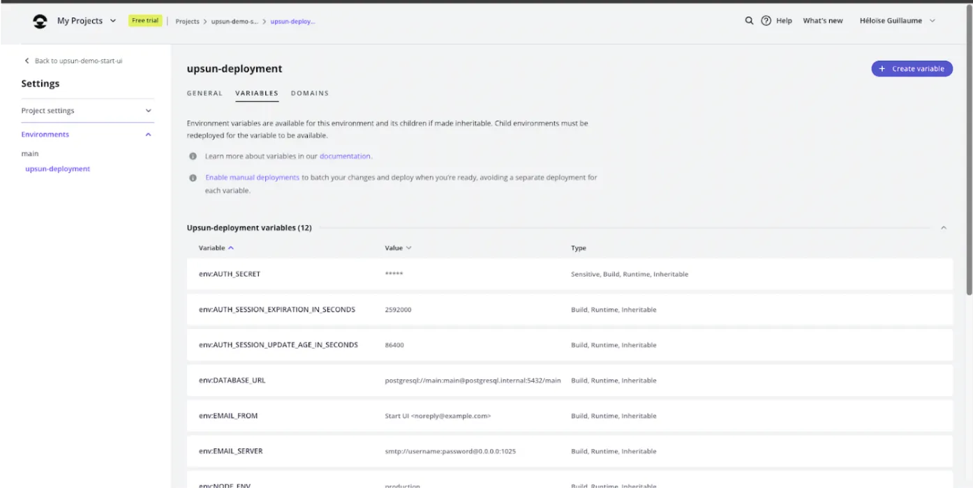 Tableau de bord - Gestion des variables d'environnement du projet Upsun.
