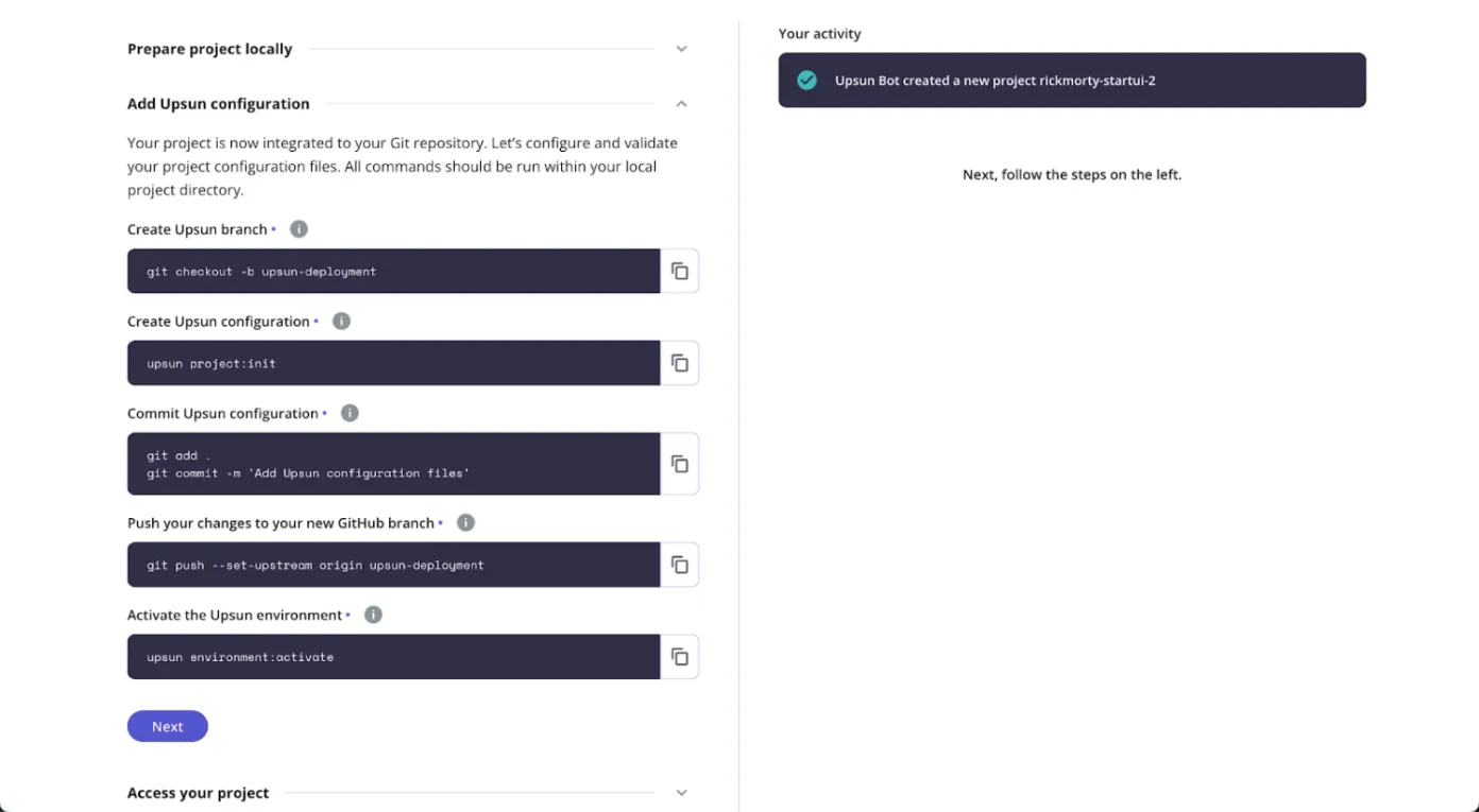 Configuration du nouveau projet Upsun - seconde partie