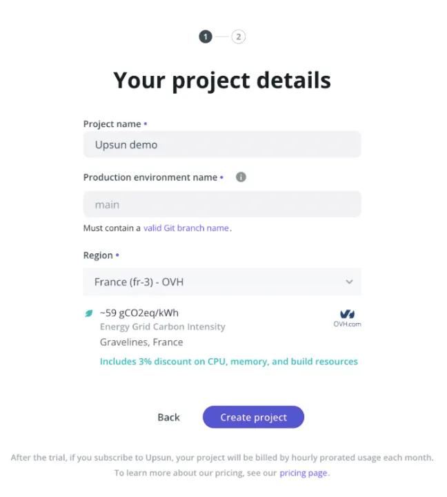 Modale de création de projet Upsun.